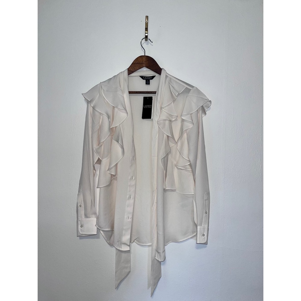 Lauren Ralph Lauren Winter Cream Ruffle Front Tie Neck Blouse Medium NWT